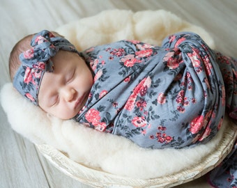 Celeste's Floral Newborn Swaddle Set | Gray & Coral Vintage Floral Baby Girl Receiving Blanket | Soft Swaddle Blanket, Hat and Headband