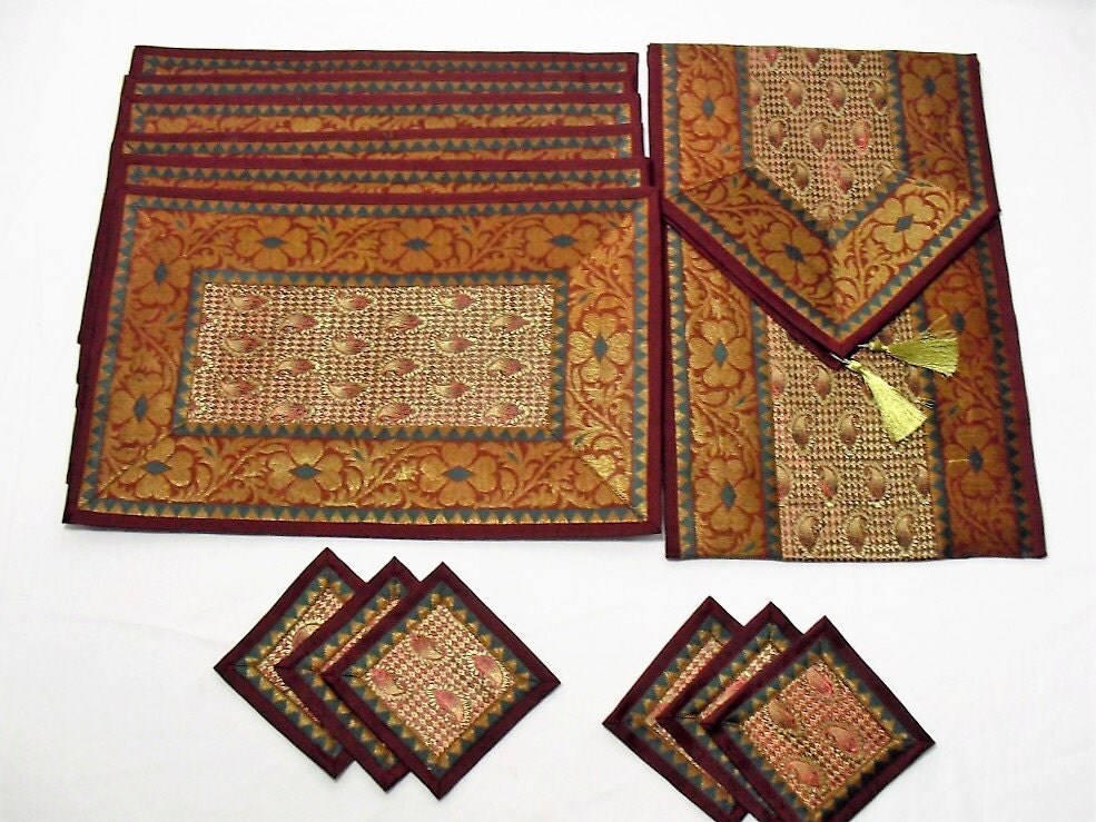 Red Color Indian Silk Table Runner with Placemat 6 and Coaster
