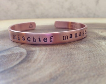 mischief managed cuff || harry potter jewelry + handstamped + customized cuff + best friends gift + personalized gift + gold bracelet