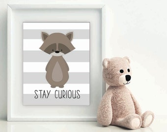 Stay Curious Little Raccoon, nursery art, woodland nursery, nursery decor, nursery print, nursery decor, racoon wall art, raccoon printable