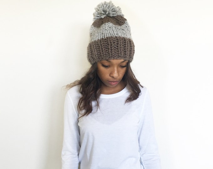 Knit Slouchy Beanie hat//THE BECKVILLE//Taupe and Grey Marble