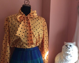 Vintage Blouse, Secretary Top, Yellow black polka dot, Halloween (B209)
