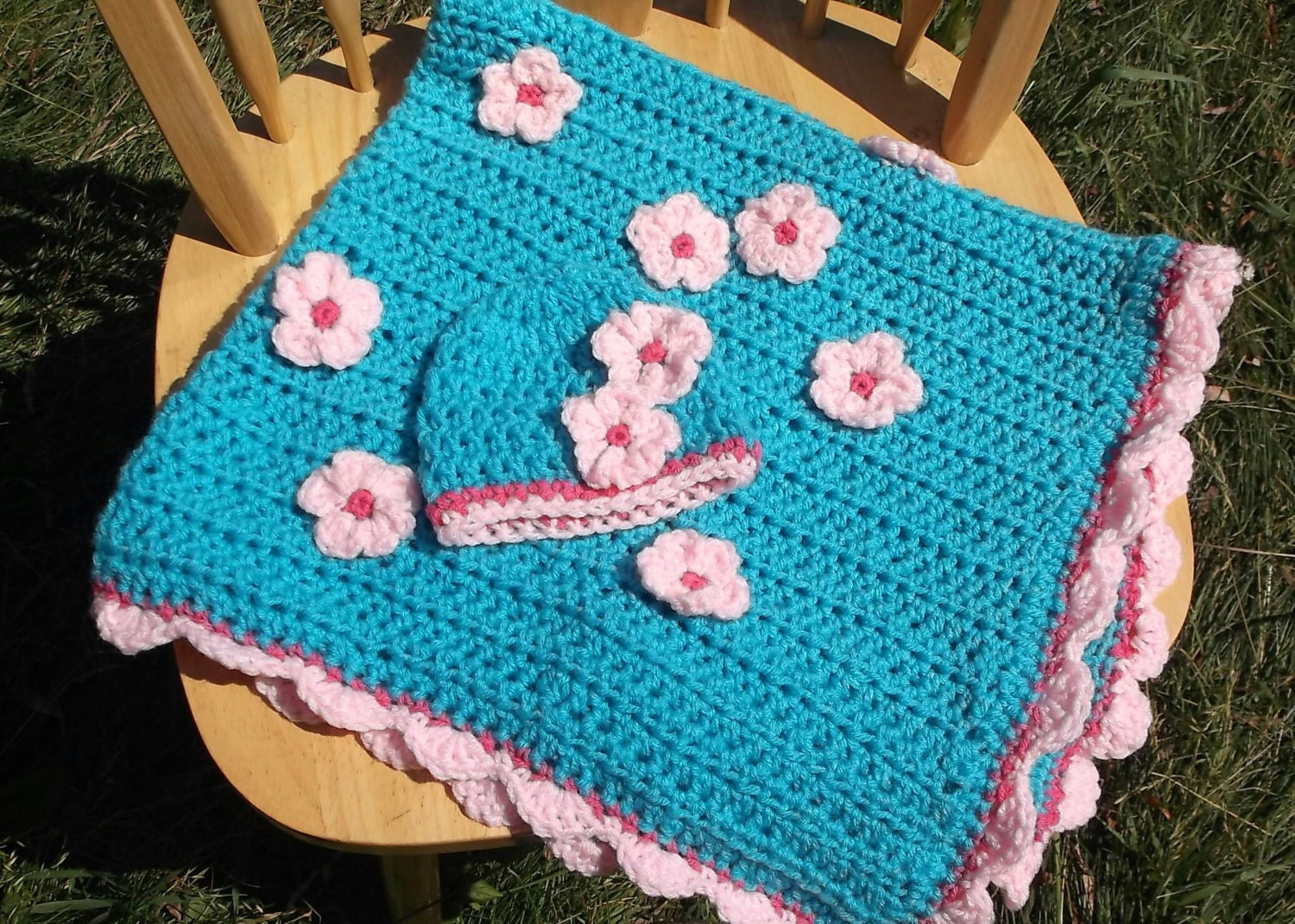 Cherry blossom baby blanket and hat set. Crochet by MadHatCattery