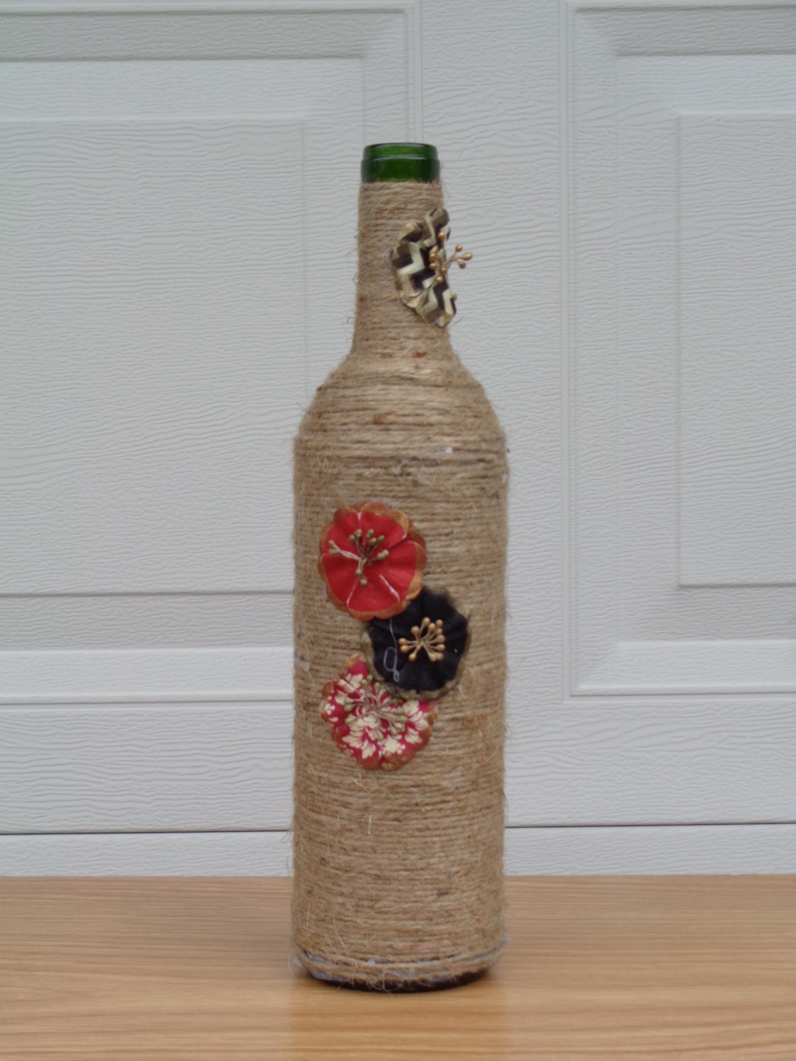 Twine Wrapped Wine Bottle with Beautiful Paper Flowers