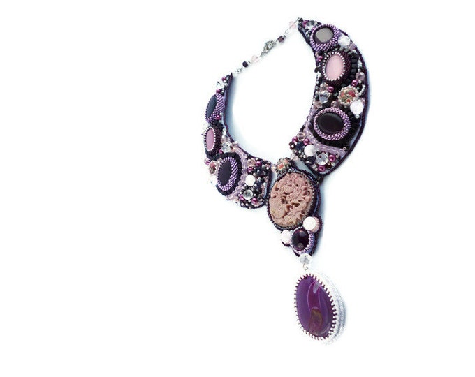 Bead Embroidered Lilac Pink Necklace Agate Cat's Eye Turkvenit Wedding Necklace Beadwork Necklace Collier Fashion Accessory Handmade Choker