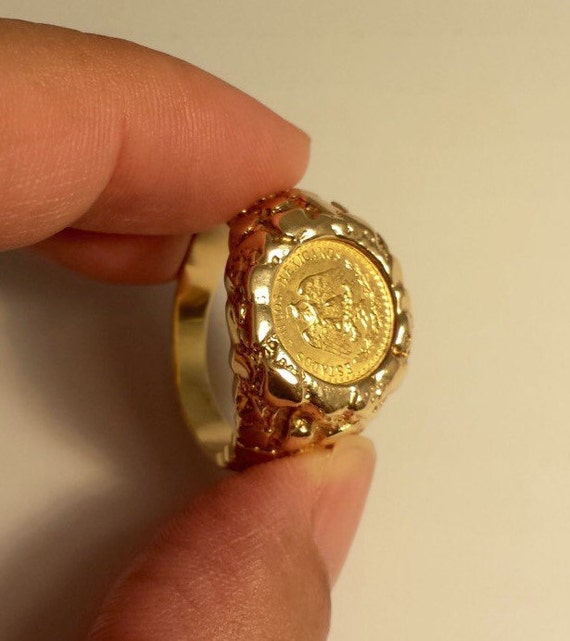 14K Gold Nugget Mens Ring With Mexican 2.5 Pesos Gold Coin