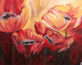 Vintage impressionist floral oil painting poppies signed