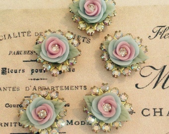 2 petite swarovski ab aurora borealis crystal hearts in brass setting with pink porcelain rose charm no.1108-2