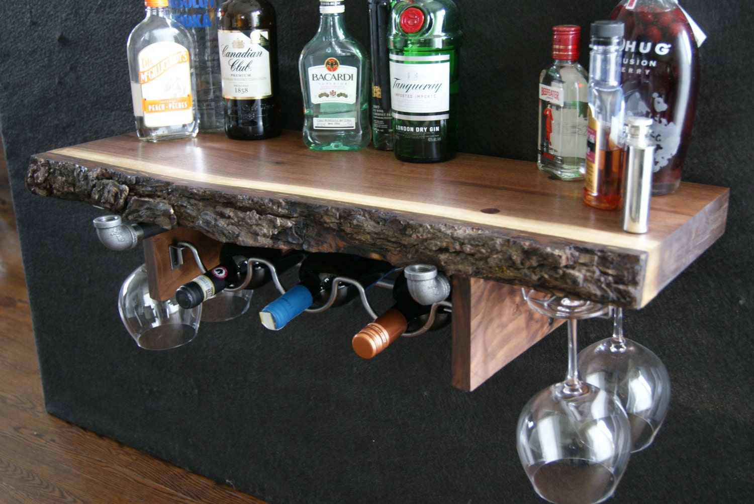 live edge floating bar and wine rack black walnut natural