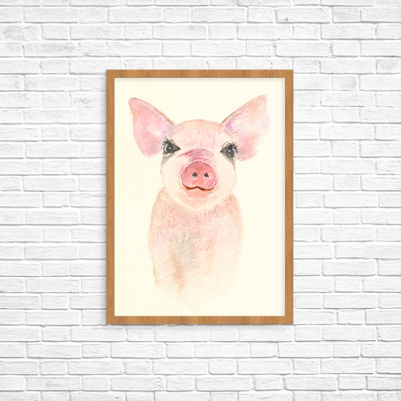 Pink Pig Watercolor Painting Print 8x10 Farm Animal by bycamimonet