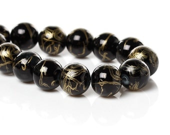 Double Strand of 10 mm Round Glass Beads - Gloss Black with Gold Benchwork (1109)