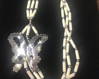 Vintage Deco Necklace, Silvertone Butterfly!