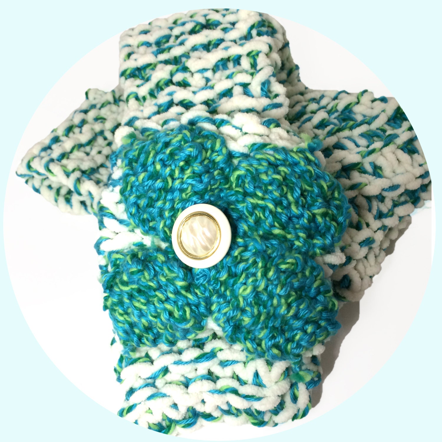 White and Turquoise Knitted Pocket Scarf With Flower