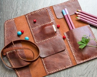 Handmade Leather Pencil Case. Colored Pencil Holder. Pen Case. Pencil Pouch. Pencil Roll. Tool Bag. Artist Gift, Gifts For Artists. Small.