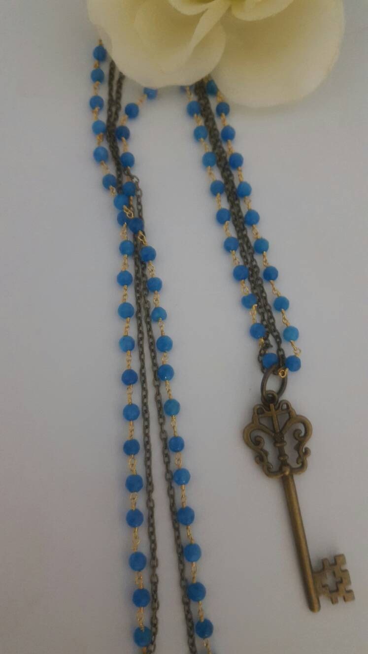 Blue Jade and Brass Skeleton Key Necklace by Lexieleedesigns