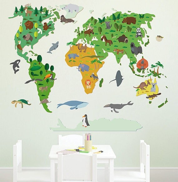 kcik1631 Full Color Wall decal world map animal children's