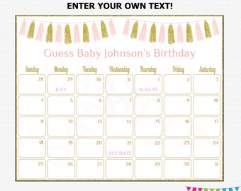 Baby Due Date Calendar, Baby Shower Pink Gold, Guess Baby's Birthday, Editable Calendar, Printable Baby Shower, Pink Tassels, Download TASPG