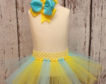 Baby Girl Tutu Set , Toddler Tutu , Flounder Hair Bow Headband, Turquoise Yellow Little Mermaid Inspired HALLOWEEN costume Photo Prop