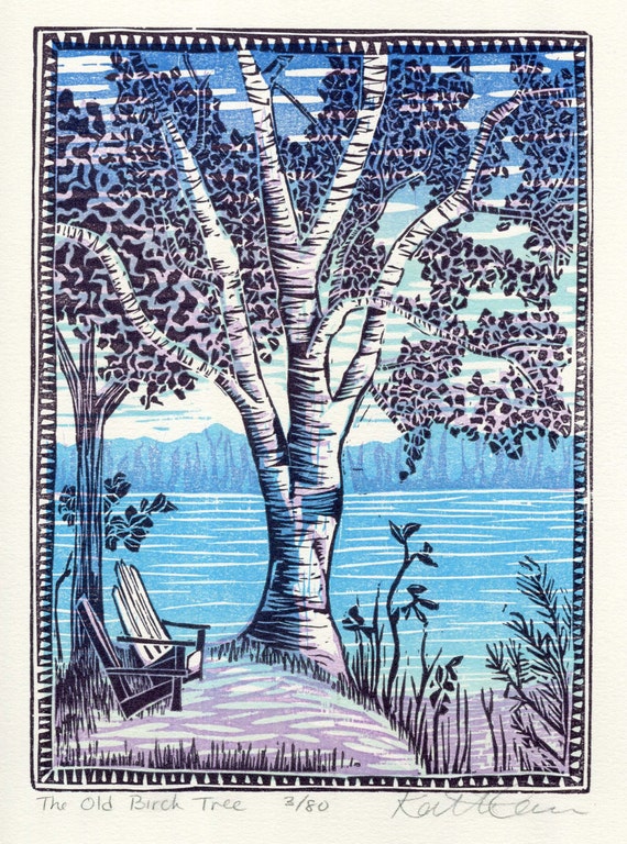 The Old Birch Tree Multicolor Linocut Print