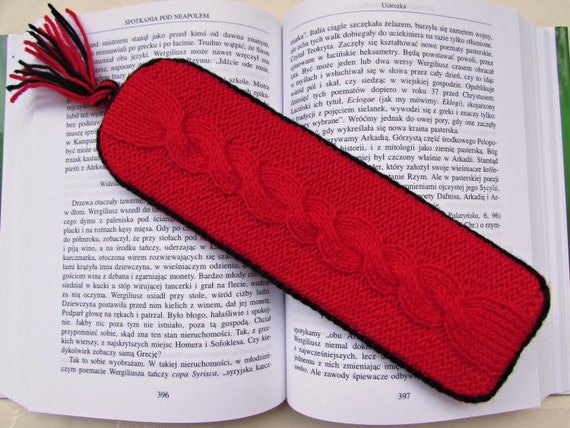 Knitted Bookmark, Red Bookmark, Knitted Cardboard Bookmark, Mother's Day Gift, Stiffened Knit Bookmark, Braided Knit Bookmark, Page Marker