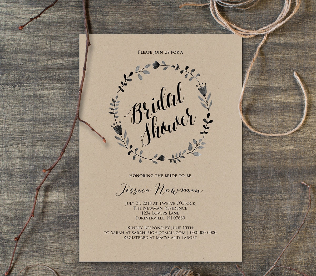 Bridal Shower Invitation Template Rustic Boho Wreath Kraft