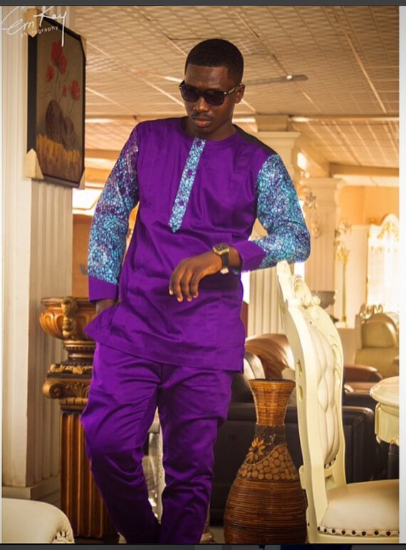 Items similar to Purple and Blue Men African Long-Sleeved Shirt and ...