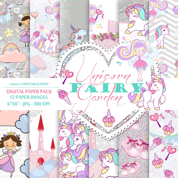 Unicorn Rainbow Fairy Digital Paper Pack Instant Download Printable Baby Girl Pink Blue Mint Unicorn Rainbow Fairy Princes Girl Clouds 6x6"