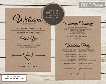 Rustic Wedding Program Template, Printable Wedding Programs Instant Download, Editable Template, Double-Sided Program #GD_WP102