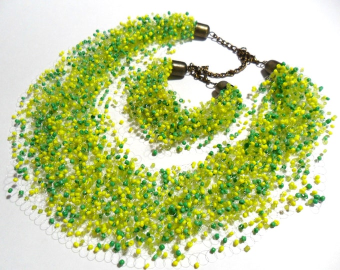 Spring or summer necklace yellow green airy crochet multistrand statement bright gift for her cobweb everyday casual bridesmaid unusual bead