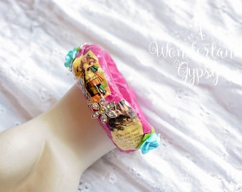 Gypsy Bangle, Alice in Wonderland, Papier Mache Bangle, Paper Mache Bangle, Paper Mache Bracelet, White Rabbit, Tea Party, Vintage Inspired