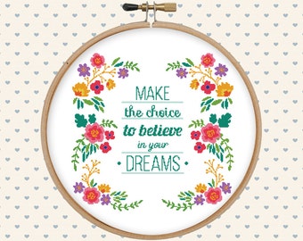 Floral cross stitch pattern pdf - instant download - digital download - pillow embroidered - flowers, lettering - modern art cross stitch
