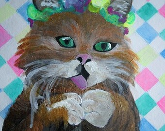 Pllesj kitty | Peinture acrylique ton fluo | 20 x 20 cm | Chat couronnes de fleurs & carreaux| Pour décoration d'intérieur | Fait main