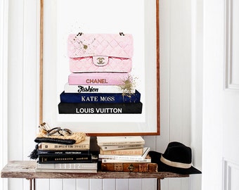Fashion books poster. Watercolor bag artwork. Fashion print. Stacked books. Instant download.