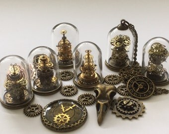 Steampunk glass necklace with watch gears