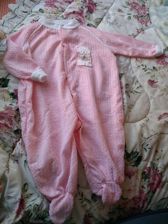 Vintage Pink Footed Pajamas with Bear Patch 6/9m