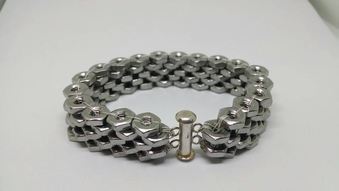 Metro Hex Nut Bracelet - Genuine Black Leather With Stainless Steel Nuts - View #7