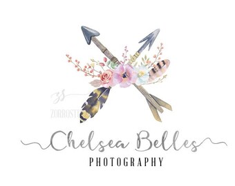 Rustic Premade Logo Design Boho Arrows Floral Logo Calligraphy Watercolor Floral Custom Business Card Branding, Wedding Signs PL178