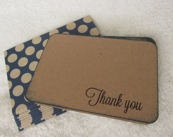 Thank You notecards, set of 10, navy blue and kraft polka dot