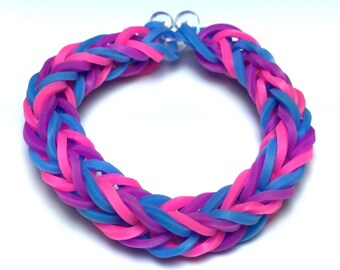 Purple, Blue, Pink Rainbow Loom Rubber Band Bracelet - Fishtail Design