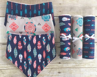 Baby Girl Boho Baby Shower Gift Set, Boho Drool Bibs, Boho Burp Cloths, Boho Baby Gift, Boho Bib and Burp Cloth Set, Newborn Baby Girl Gift