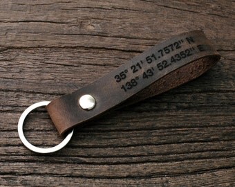 Latitude Longitude Keychain, Leather Keychain, Coordinate Keychain, GPS Personalized Keychain, GPS Custom Keychain 0035