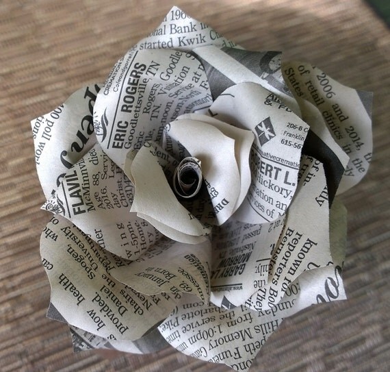 Newspaper Flowers Paper roses newsprint roses Upcycled
