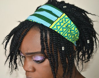 African wax print headband/green and blue/handmade/kente