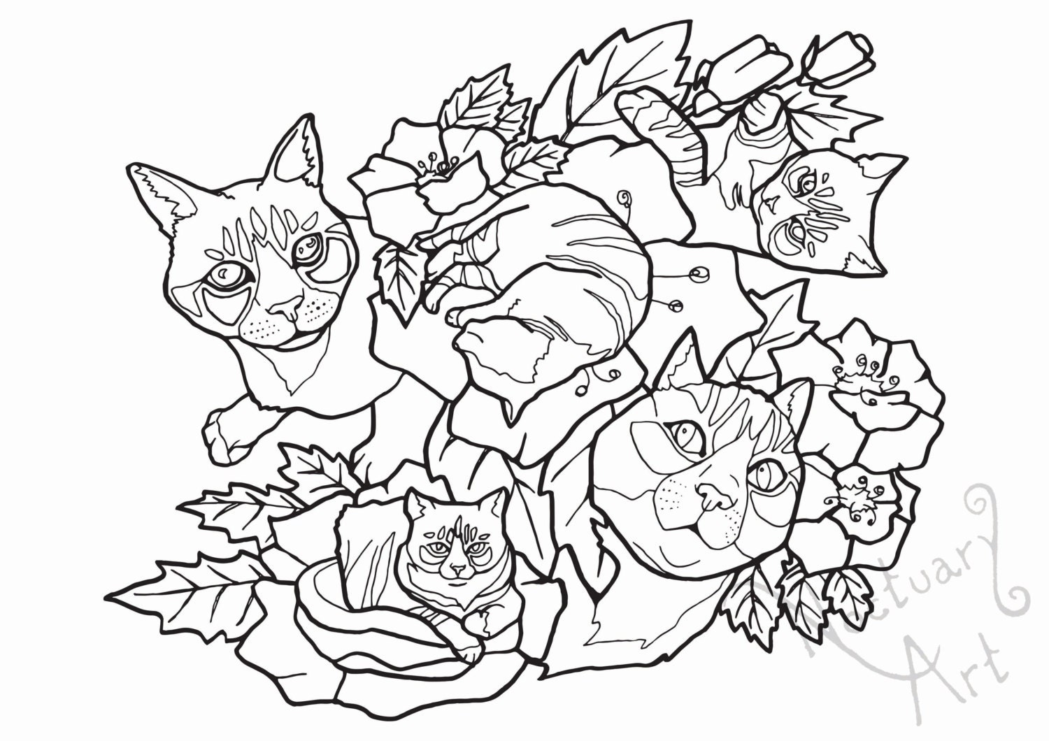 Printable coloring page cats and flowers by NoctuaryArt on Etsy