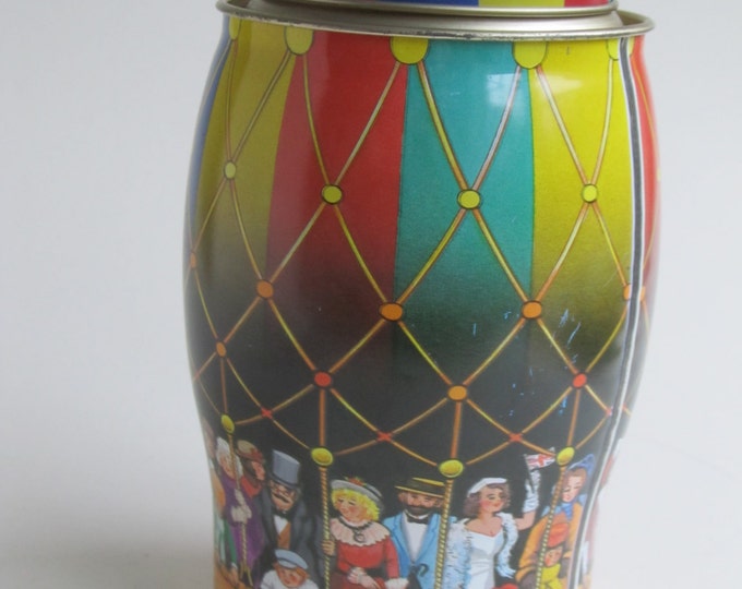 Hot Air Balloon metal candy container, lithograph tin made in england, 1940s people in colourful circus balloon