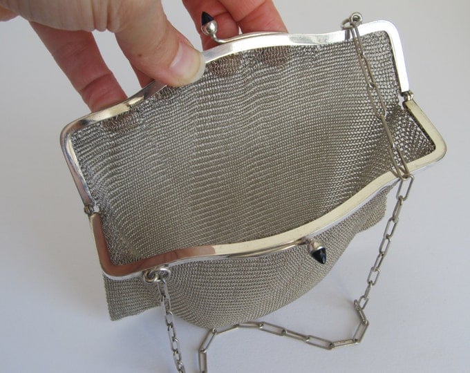 Vintage flapper purse, art deco ladies mesh handbag, Silver plated chainmail evening handbag, ringed mail bag, vintage art metalwork