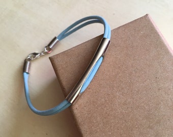 Sky blue leather cord bracelet silver noodle