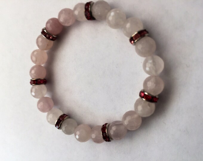 Love stone, Rose Quartz Beaded Bracelet with Pink Crystal Accents. Natural Heart Healing Stone.
