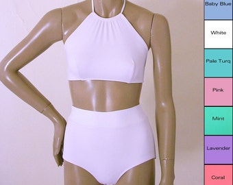 High Waisted Bikini Bottom and High Neck Halter Bikini Top in Mint, Coral, Pink, Blue, Turquoise, White, Lavender Made To Order