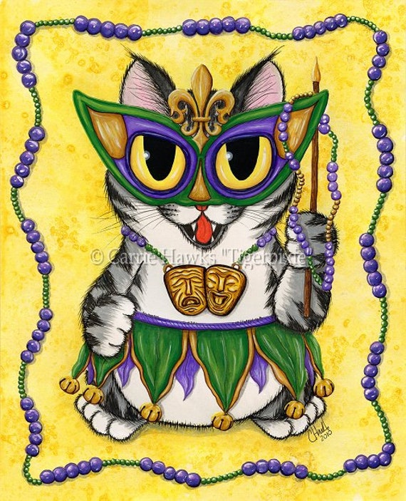 Mardi Gras Cat Art New Orleans Painting Nola Mardi Gras Cat Art New Orleans Painting Nola Mask Beads Big Eye Chibi